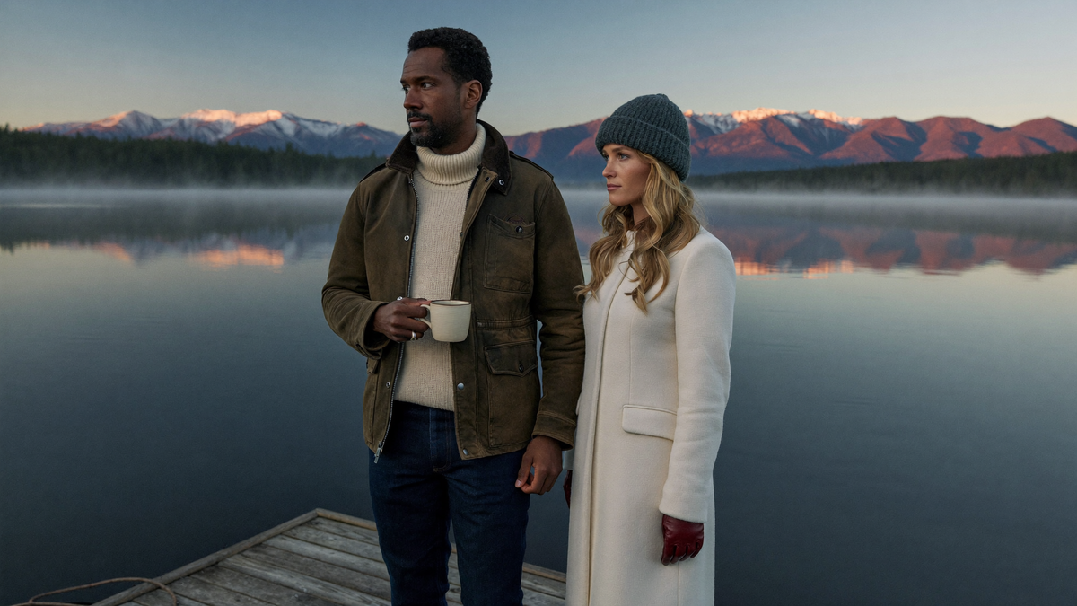 Couple at a misty mountain lake at dawn