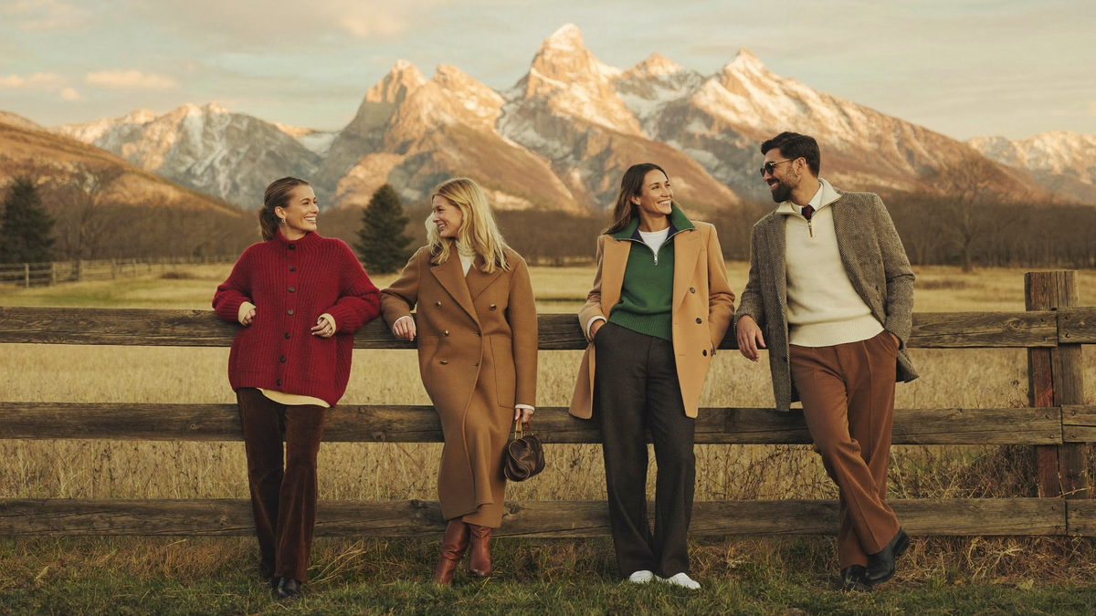 Friends in fall knitwear at a ranch fence